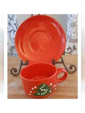 WAECHTERSBACH painted Christmas Tree glossy red flat cup saucer GERMANY